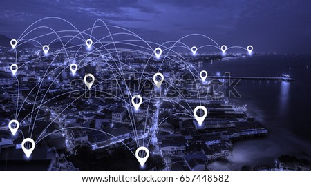 Map pin flat above blue tone city scape and network connection concept