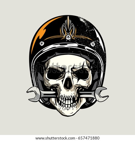 Hand drawing of skull wearing motorcycle helmet