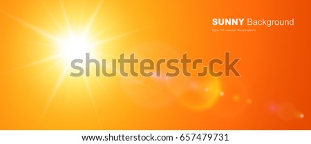 Sunny background, orange sun with lens flare, vector summer illustration