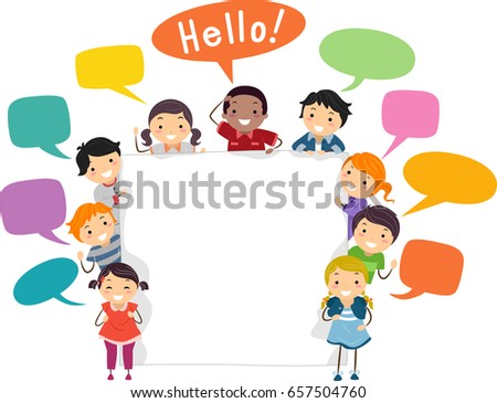 Illustration of Stickman Kids Holding a Blank Board with Blank Speech Bubbles Saying Hello