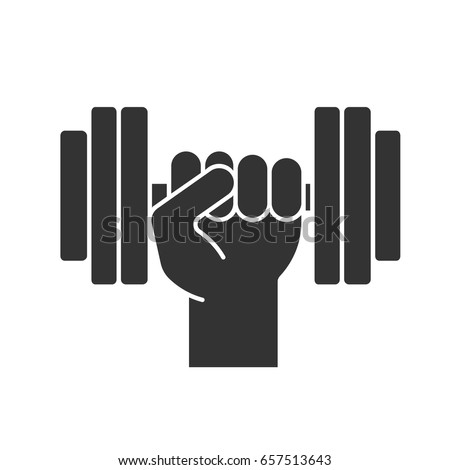 Hand holding gym barbell glyph icon. Fitness and workout silhouette symbol. Negative space. Vector isolated illustration