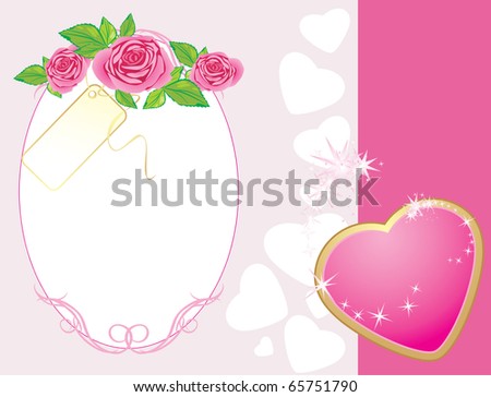 Bouquet of pink roses with heart. Valentines card. Vector