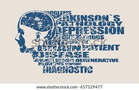 Abstract illustration of a human head with brain. Woman face silhouette. Medical theme creative concept. Connected lines with dots. Parkinsons syndrome disease tags cloud. Distressed grunge texture