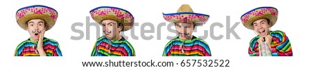 Funny young mexican with false moustache isolated on white