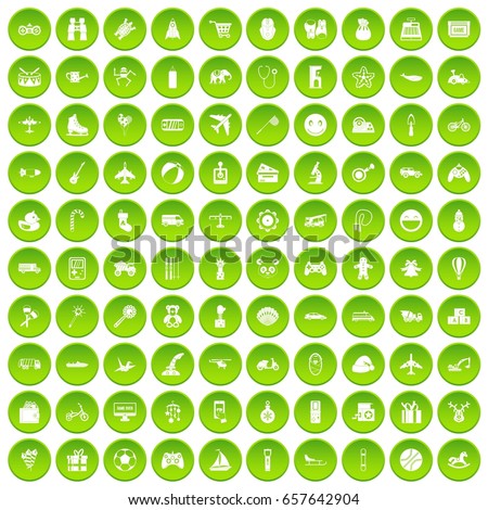 100 toys for kids icons set green circle isolated on white background vector illustration