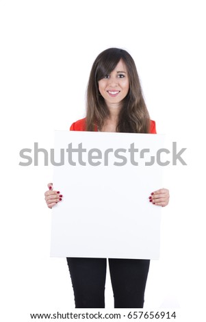 Happy beautiful young woman showing blank signboard for slogan or text, isolated on white background.