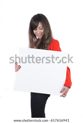 Happy beautiful young woman showing blank signboard for slogan or text, isolated on white background.