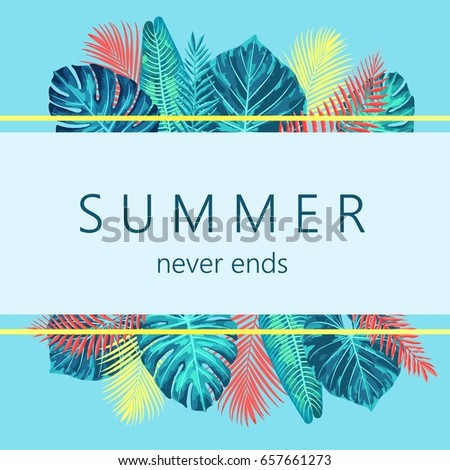 Summer exotic and tropic background design. Composition with palm leaves. Vector universal background with place for text.