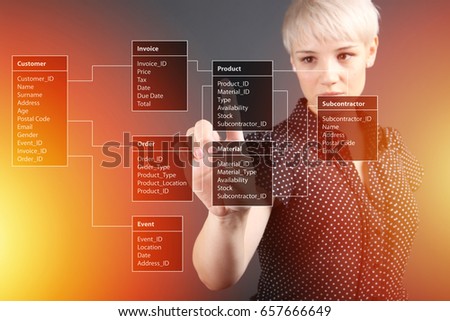 Database Table - technical concept, girl pointing screen
