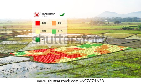 Smart agriculture , farm , precision farming concept. NIR images application screen used to create field health maps using the normalize difference vegetation percent index in field rice. Royalty-Free Stock Photo #657671638
