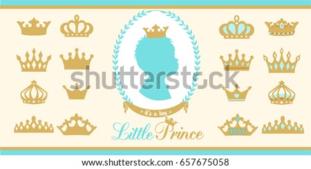 Gold and blue crowns set. Little prince design elements. Template silhouettes of crowns for laser cutting.Set of gold crown icons. Silhouettes of little prince