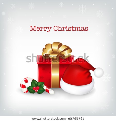Christmas Background With Cap Of Santa Claus, Gift And Sugar Candies, Vector Illustration