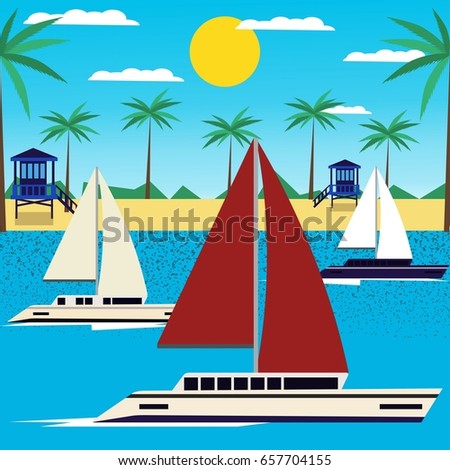 Summer regata vector illustration. Concept of summer vacation. Background with boats. Boats on beach.
