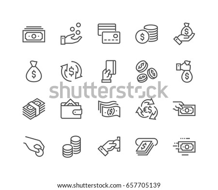 Simple Set of Money Related Vector Line Icons. 
Contains such Icons as Wallet, ATM, Bundle of Money, Hand with a Coin and more. Editable Stroke. 48x48 Pixel Perfect. Royalty-Free Stock Photo #657705139