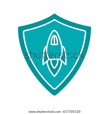 Startup projects protection glyph color icon. Security shield with spaceship. Silhouette symbol on white background. Negative space. Vector illustration