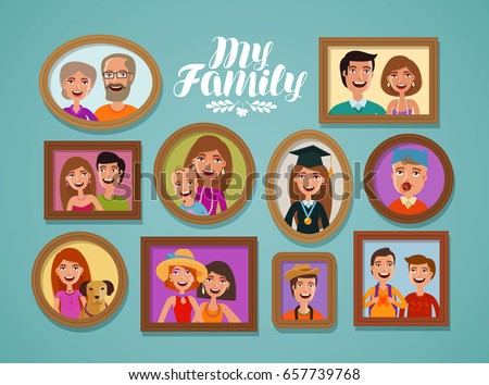 Family photos in frames. People, parents and children concept. Cartoon vector illustration Royalty-Free Stock Photo #657739768