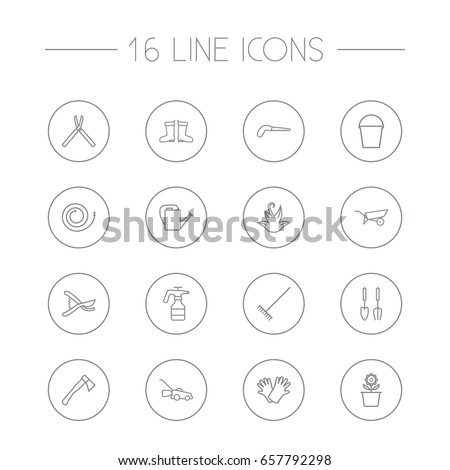 Set Of 16 Horticulture Outline Icons Set.Collection Of Instruments, Atomizer, Hatchet And Other Elements.