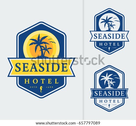 Seaside hotel logo with palm trees and sun. Templates for color and monochrome versions. Vector emblems isolated on white background.