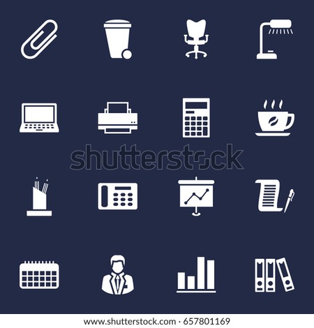Set Of 16 Bureau Icons Set.Collection Of Clip, Table Lighter, Manager And Other Elements.