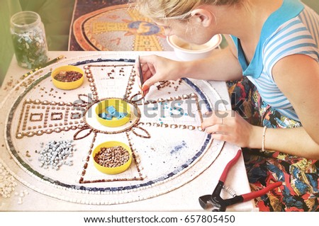 Process Of Mosaic Making, Young Blonde Girl Sitting, Holding A Tweezers, Making A Mosaic, Creative Arts Background