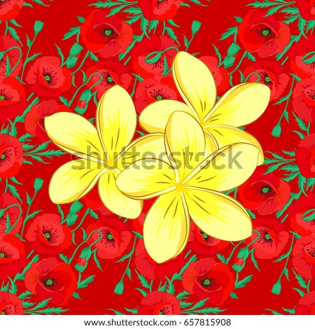 Traditional Indian floral seamless pattern with motley plumeria flowers on a red background.