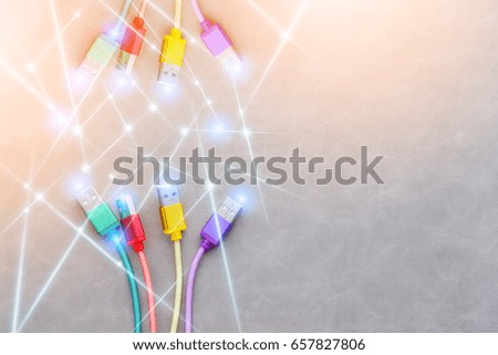 business connection ideas concept with usb wire with line connection on grey leather background with free copyspace for your ideas text