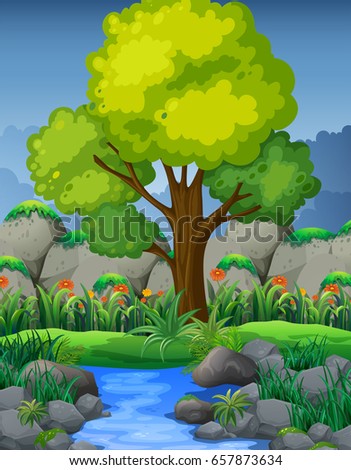 Nature scene with river in forest illustration