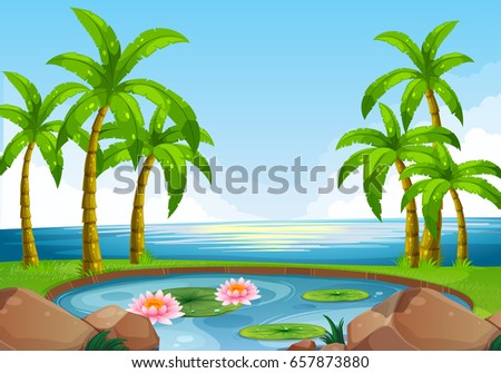 Scene with pond close to the ocean illustration