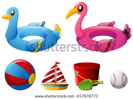 Beach toys with floating rings and ball illustration
