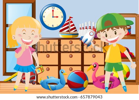 Boy and girl playing toys in the room illustration