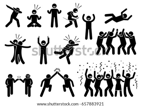 Celebration Poses and Gestures. Artwork depicts people celebrating in various styles such as dabbing, fist pump, chest bump, raising hand, high five, throwing person in the air, and group celebration.