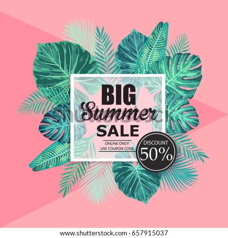 Summer sale exotic and tropic background design. Composition with palm leaves. Vector universal background with place for text.