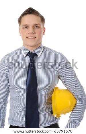 Businessman with construction yellow helmet. Isolated on white