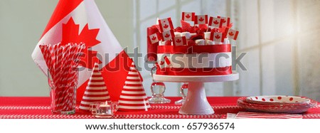 Canada Day national holiday celebration party table with showstopper cake and flags, sized to fit a popular social media cover image placeholder.