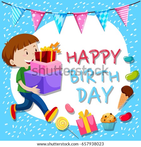 Birthday card template with boy and presents illustration