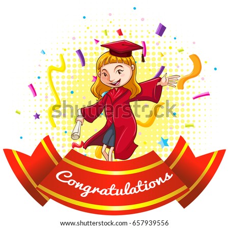 Congratulations sign with girl in graduation gown illustration