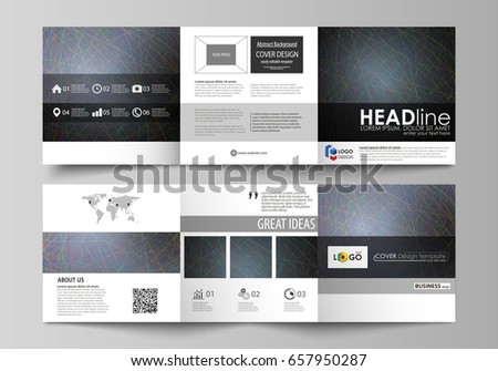 Business templates for tri fold square design brochures. Leaflet cover. Colorful dark background with abstract lines. Bright color chaotic, random, messy curves. Colourful vector layout.