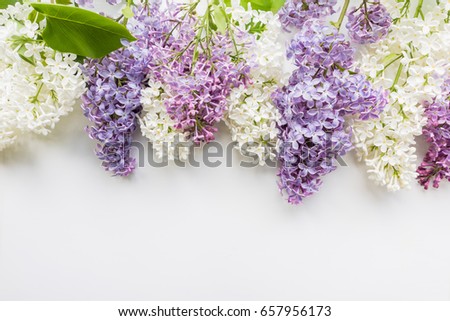 Background, frame with branches of lilac in different colors - white, lilac and purple on a white. Top view. Copy space. The theme of spring, summer, good morning.  