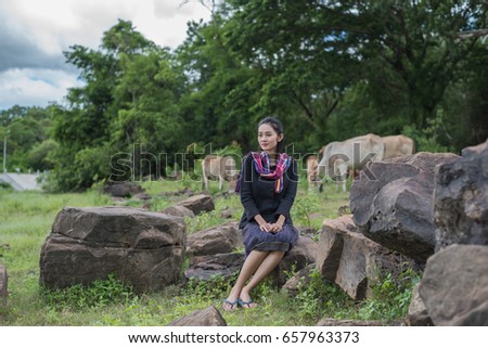 Portrait of beautiful rural women wear Thai dress. Beautiful Thai woman,Thailand culture, Thai beautiful farmer. background nature