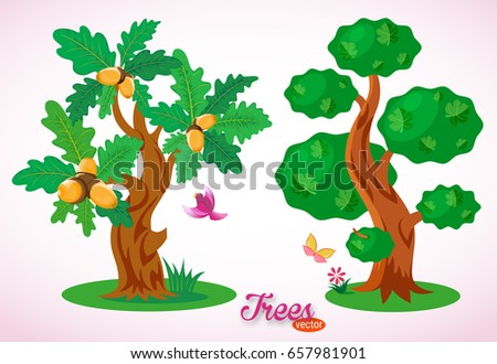 Fine vector cartoon  trees. Green oak with acorns. Colorful bird, butterfly, flowers, grass and green lawn. Lush foliage and curved branches. Isolated objects on white background.