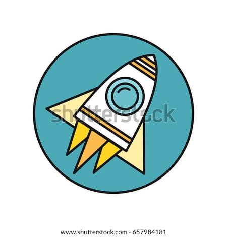 Spaceship round icon in flat. Spaceship on round blue background. Spacecraft icon. Rocket icon. Business design element. Design element, sign, symbol, icon in flat.  illustration.