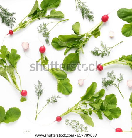 Pink radish with green tops isolated on white background. Vegetable pattern from radish. Abstract food background. Top view. Creative flat lay.