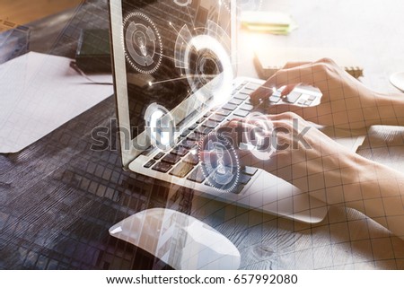 Side view of girl's hands using laptop with abstract digital pattern. Tech concept