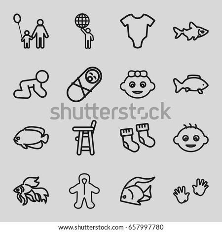 Little icons set. set of 16 little outline icons such as fish, baby, baby socks, man holding globe, father and son