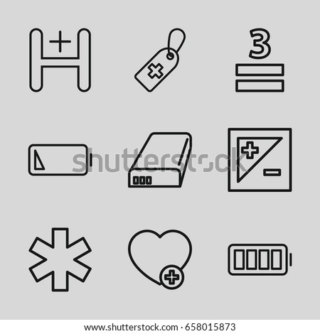 Plus icons set. set of 9 plus outline icons such as medical cross tag, medical sign, 3 allowed, add favorite, hospital, battery, full battery, low battery