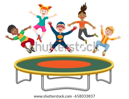 Energetic kids jumping on trampoline isolated on white background. Active happy girls and boys have fun gymnastic on the trampoline vector illustration