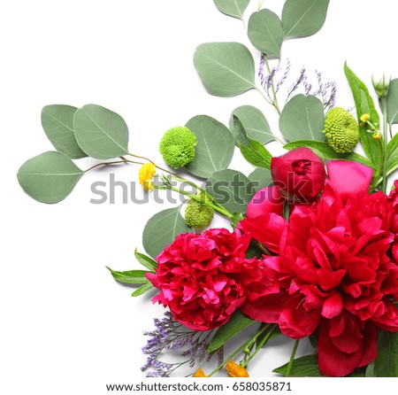 Composition of different flowers on white background. Creativity concept