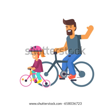 Family bike ride with dad and little daughter on bicycles vector illustration isolated on white. Fatherhood concept, celebrating holiday together
