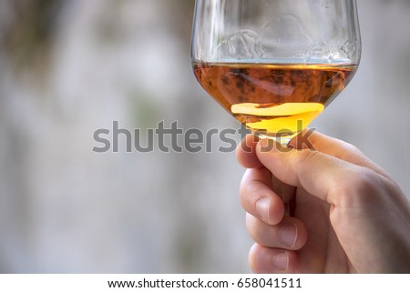 closeup of hand holding a white wine glass, defocused background with copy space (neutral style picture)