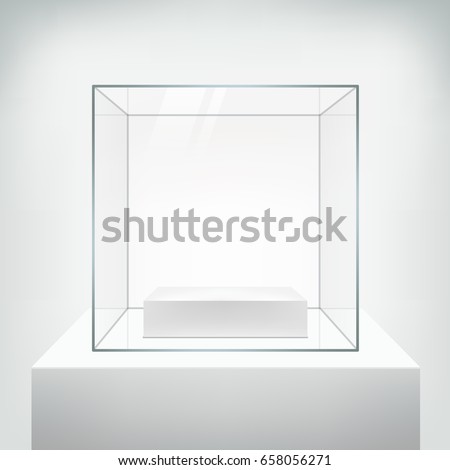 Realistic glass square showcase, vector. Empty glass box with white podium for product  isolated on white. 3d style. Illustration for exhibition and presentation. Royalty-Free Stock Photo #658056271